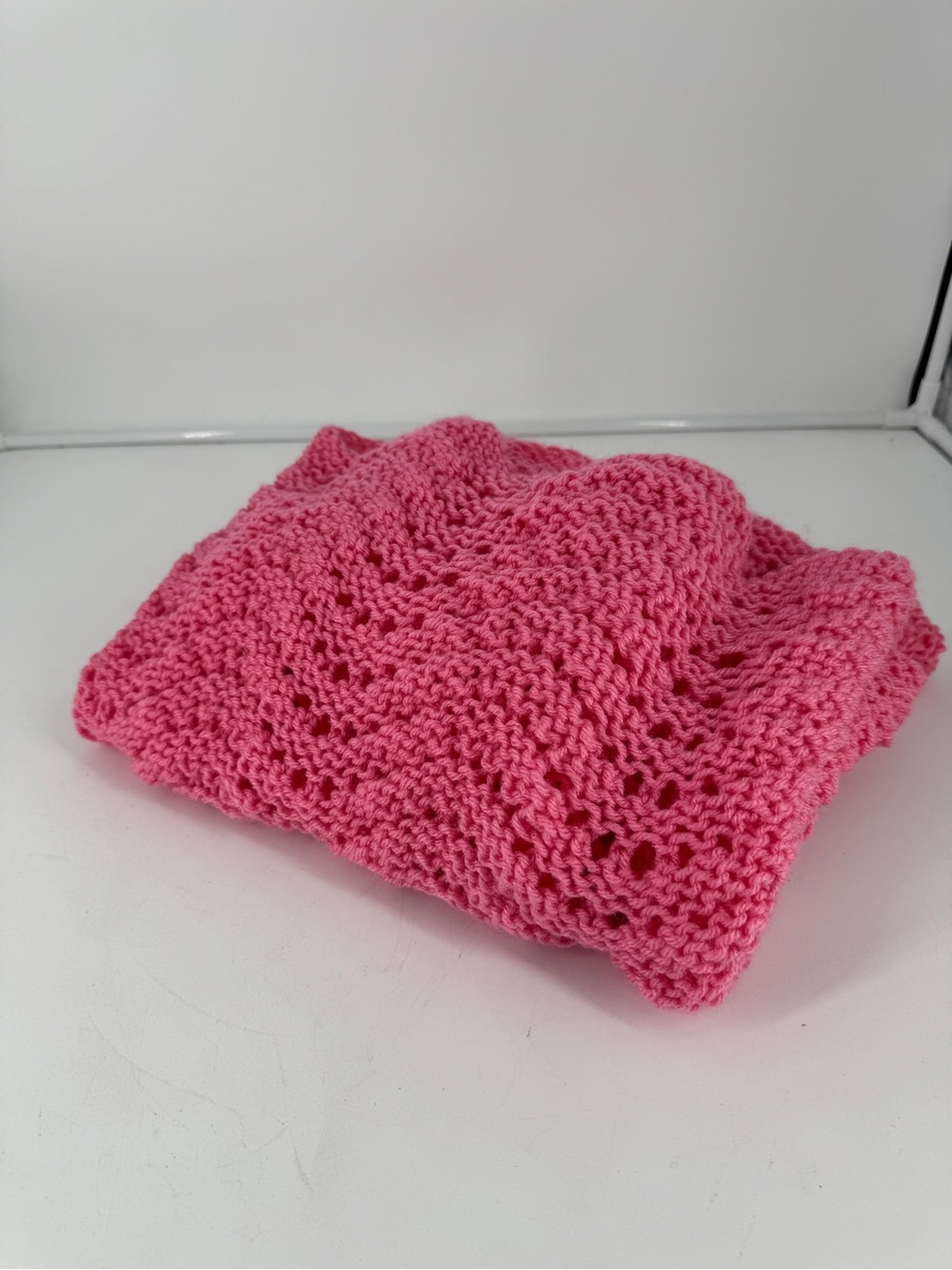 Handmade Knit Blanket 44"X40" Pink Fushia Baby Girl Cottage Core Grandma